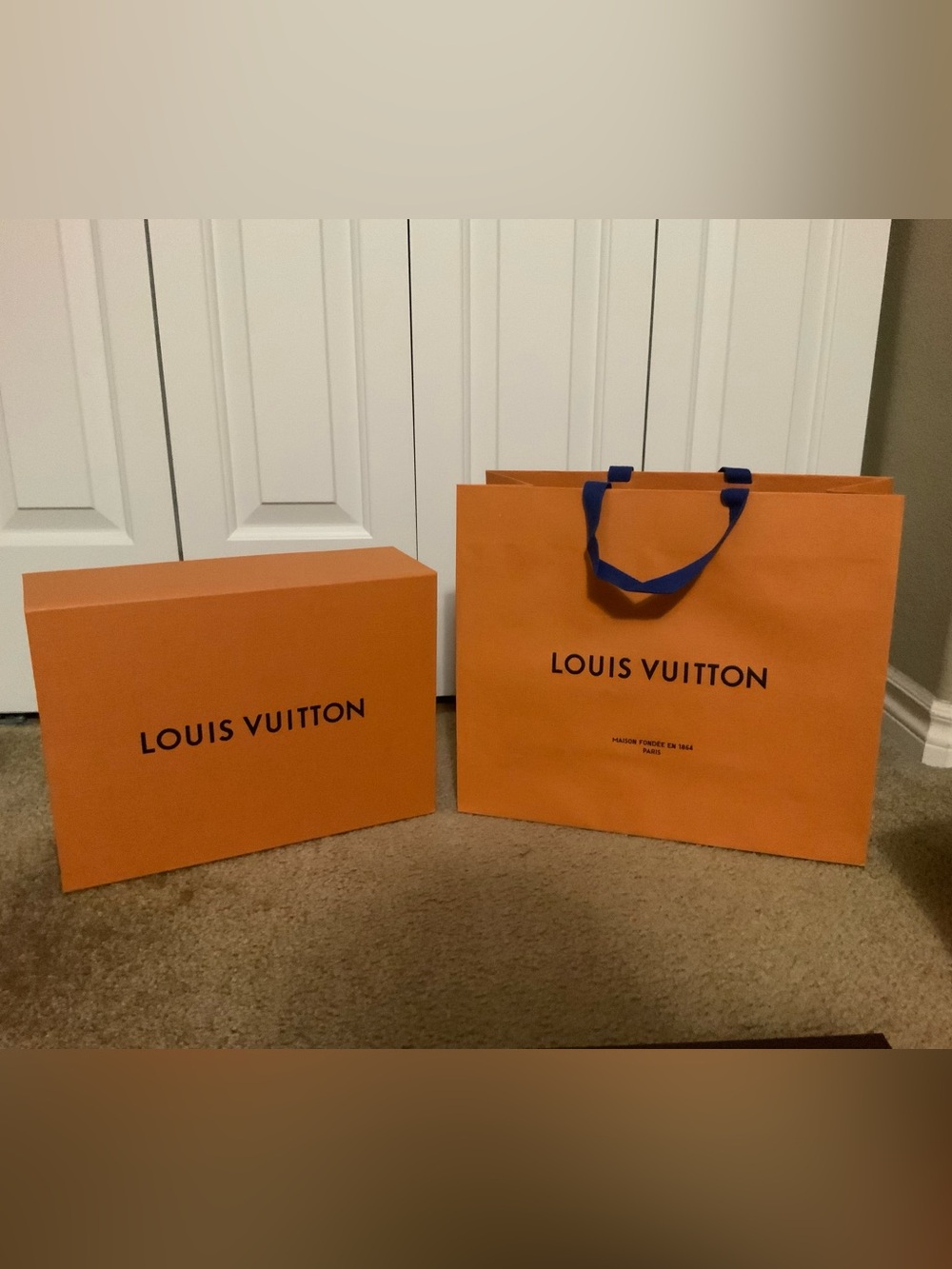Louis Vuitton Orange Shopping Bag with Blue Ribbon Handles